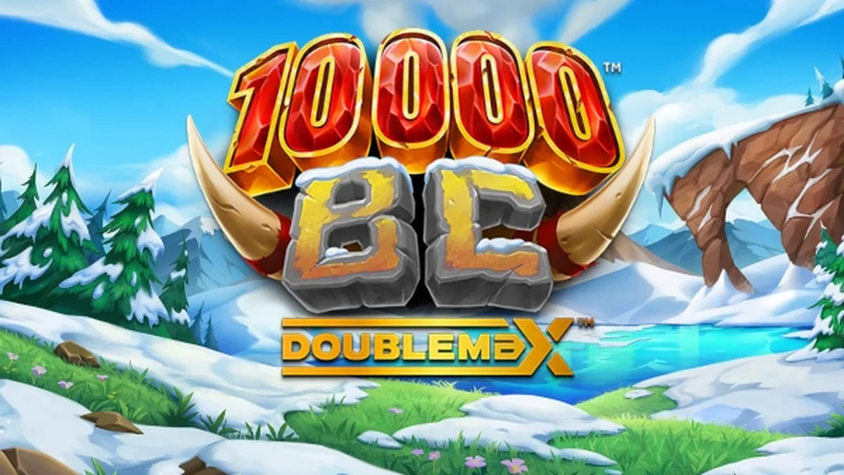 Interface do jogo 10000 BC DoubleMax com símbolos de animais pré-históricos.