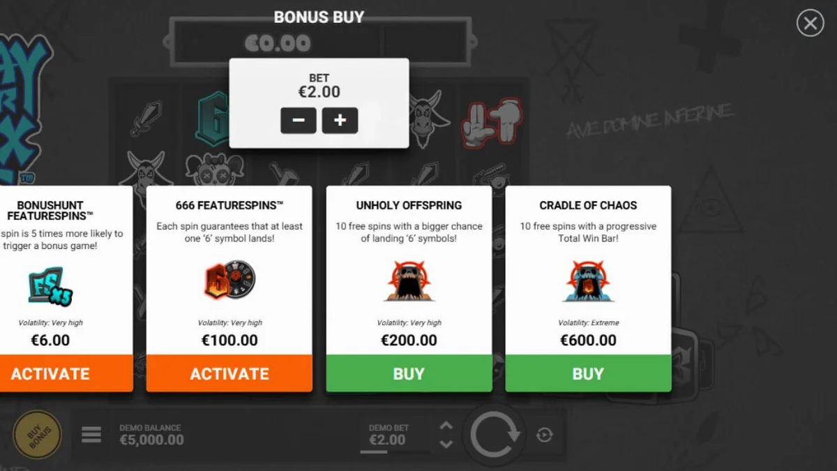 Interface do jogo de slot Pray for Six com tema monocromático e elementos góticos